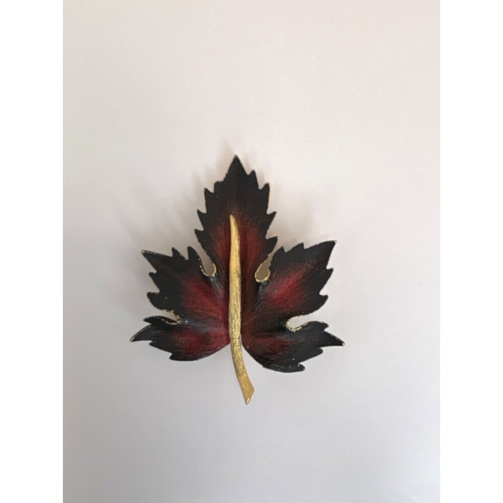 Vintage Oxidized Copper Ombre Black Red and Gold Maple Leaf Brooch Pin